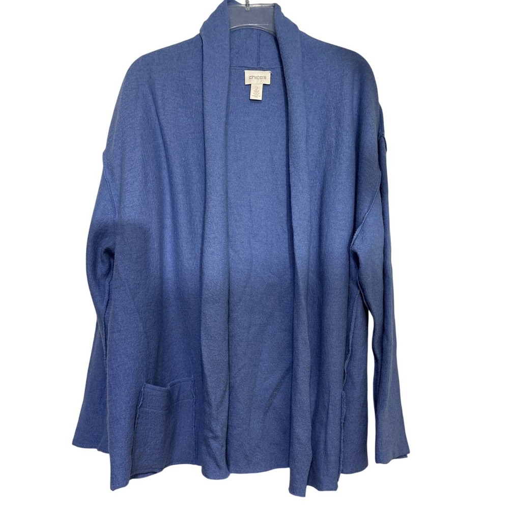 Chicos Shawl Cardigan Blue 100% Wool Open Front Pockets Size 2